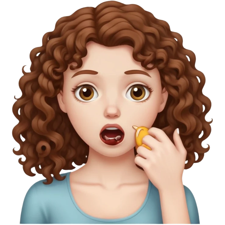 White girl with brown curly hair choking self emoji