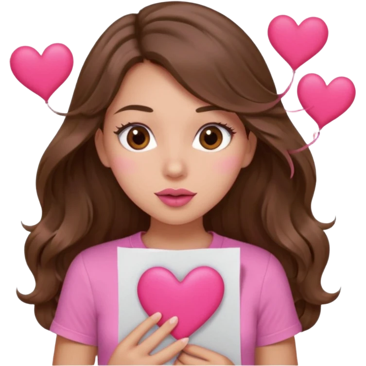 girl with long wavy brown hair, brown eyes, light to medium complexion, in a pink shirt, pink lips, long lashes, puckering up for a kiss, many  hearts in hand emoji
