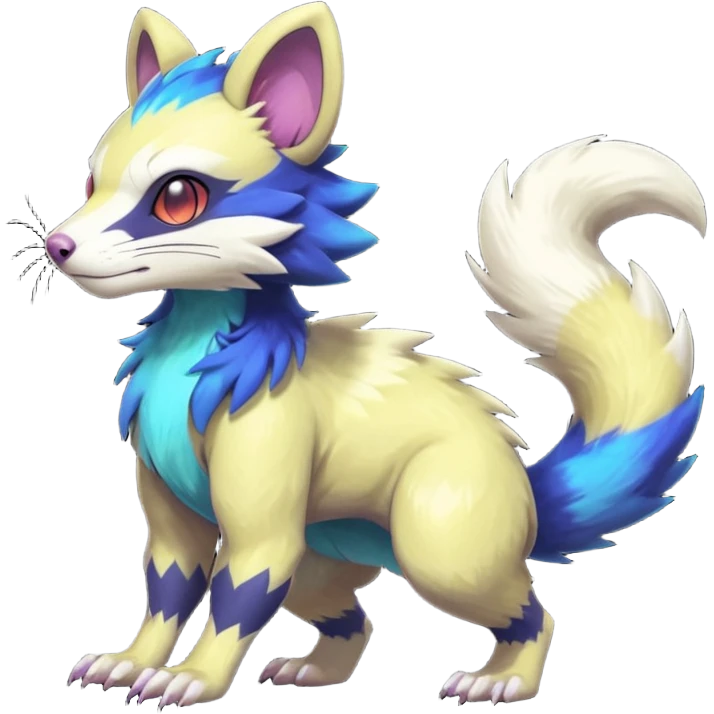 Colorful luminescent glowing Trico-Sergal-Furret-Ferret-Wolverine-Vernid-furry-fursona-fusion-Fakemon-animal-hybrid-creature, full body emoji