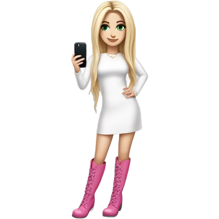 Realistic White girl with Long straight blonde hair, green eyes, tattoos, full body wearing white dress and pink knee-high leather boots, doing cute selfie pose emoji