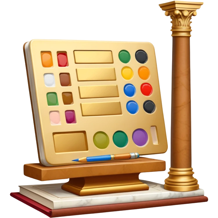 An icon featuring a paint palette, a sculpture, and a book, symbolizing the study of culture and art. The design includes a classical column and a canvas, representing art history and cultural exploration. Transparent background highlights the connection between creativity and history. emoji