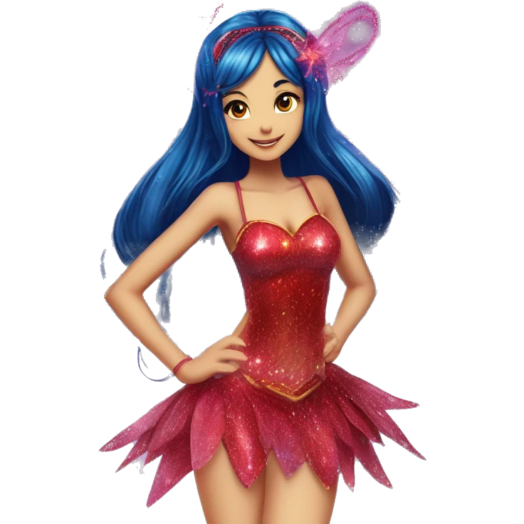 Musa asian adult fairy of music in her enchantix fairy red sparkling two-piece clothing and fairy enchantix wings and long dark blue hair in pigtails from winx club. Lots of sparkles and fairydust. Full body pic and full fairy bliss emoji