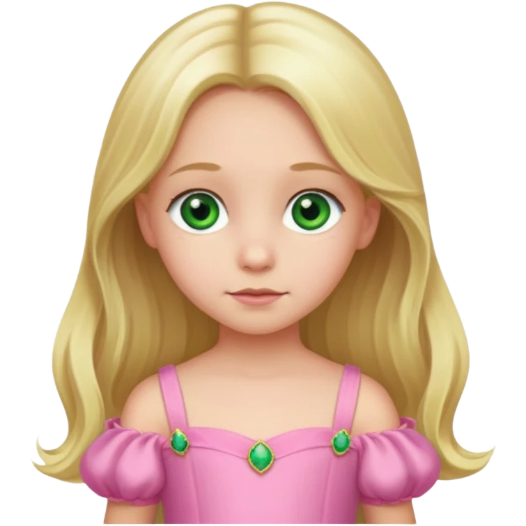 a 5 year old girl with long blond hair green eyes wearing a pink gown emoji