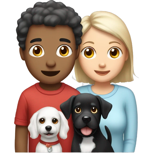can you show me a cartoon drawing of a family with 1 teen boy and 1 teen girl 1 small white dog and 1 small black dog for a christmas card emoji