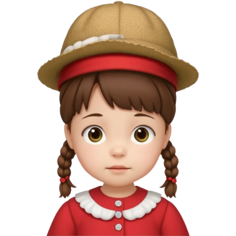baby girl with brown hair and pigtails with a hat and red dress like My Neighbor Totoro movie emoji