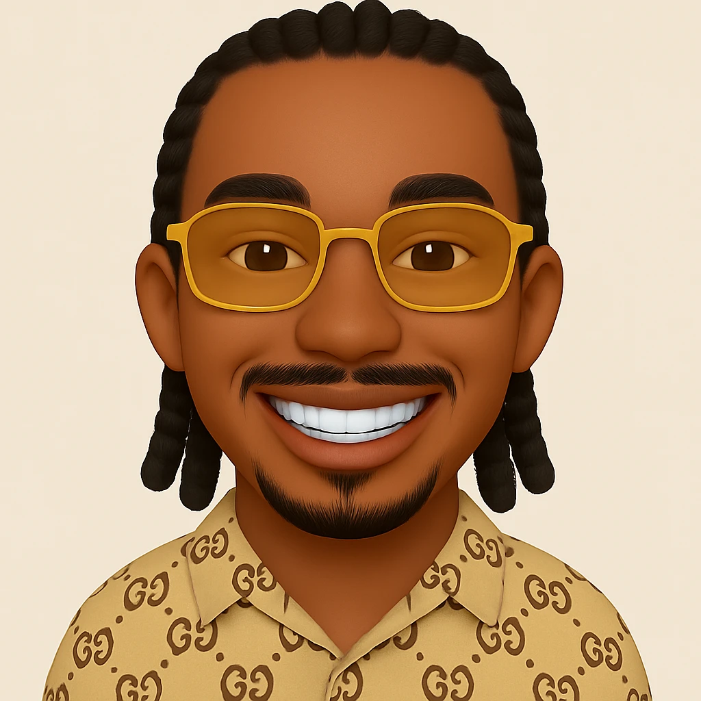 Add a smile with visible teeth to the face, keeping absolutely all other features identical including yellow glasses, chin beard, mustache, braided hair, beige patterned shirt, same style and skin color. The result must be faithful to the original image, only the smile changes. emoji