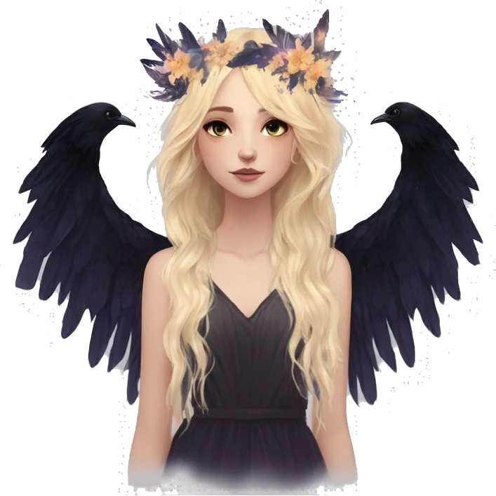 Black Raven wings bohemian Ethereal galaxy constellation girl blonde hair angel raven wings black wings, gold arrow, nebula, flower crown emoji