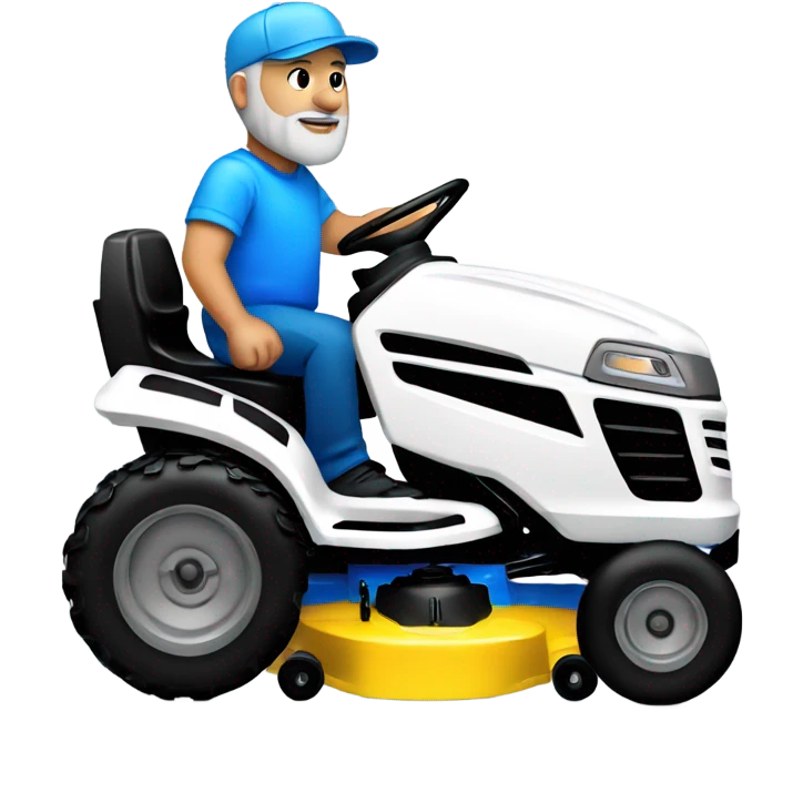 Bigger white man with short grey beard and blue hat riding lawn mower  emoji