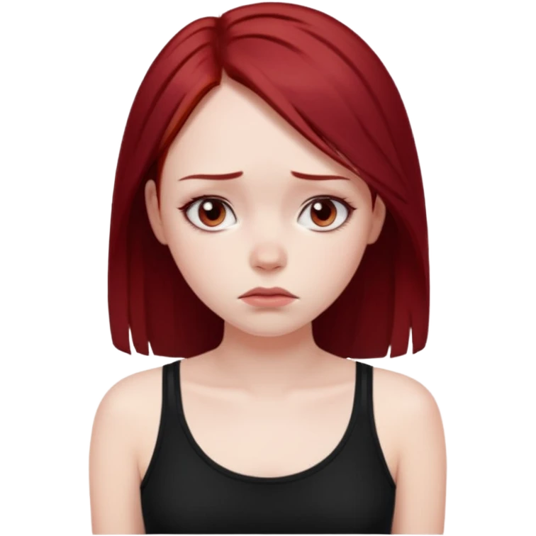 a pretty bratz fair girl with dark red straight hair, black cami top, looking sad emoji