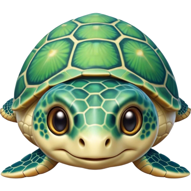 Cinematic Cute Sea Turtle Portrait Emoji, Head tilted playfully and inquisitively, featuring a charming, compact form with a beautifully patterned, domed shell and gentle, sparkling eyes full of oceanic wonder, Simplified yet irresistibly adorable features, highly detailed, glowing with a warm, friendly sea glow, high shine, affectionate and lively, stylized with a touch of whimsical marine charm, soft glowing outline, capturing the essence of a mischievous yet loving sea turtle that seems as if it could swim out of the screen into your arms! emoji