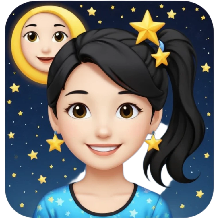 An Emoji of girl with black ponytail hair, who can be described by three words: sun, moo, star emoji