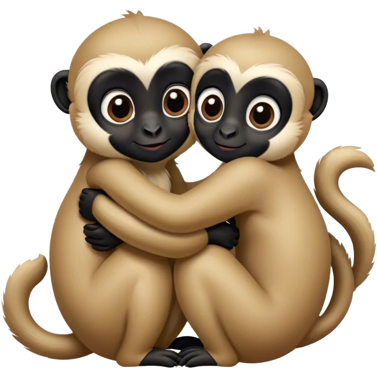 Two gibbons, one black and one tan, embracing, cute Disney-style  emoji