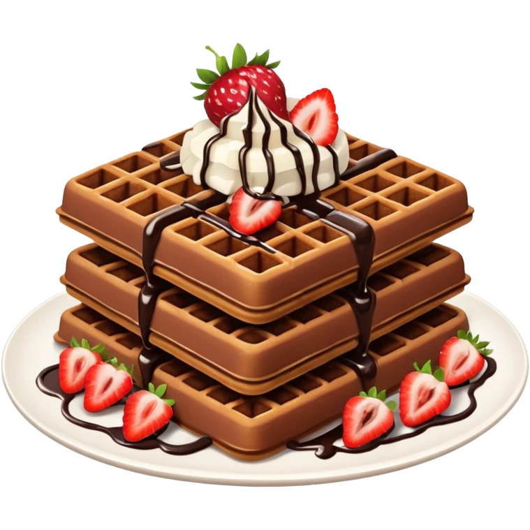 Chocolate waffles, healthy toppings like strawberries and coconut flakes, chocolate drizzle emoji