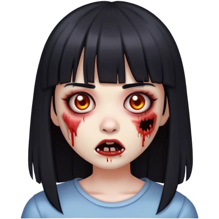 Garota zumbi com cabelos pretos lisos com franja (tipo esse emoji 🧟‍♀️)  emoji