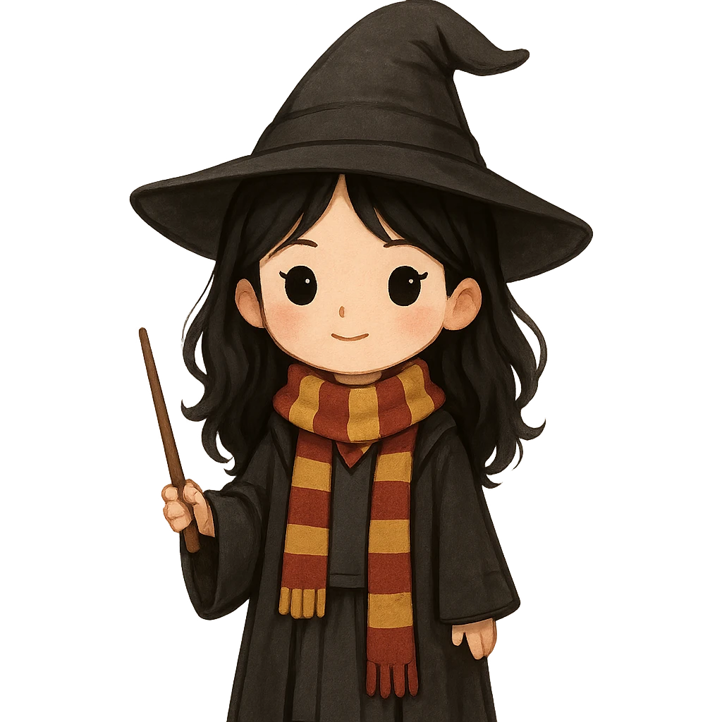 A cute witch with black hair and black eyes, Harry Potter style, facing forward. emoji