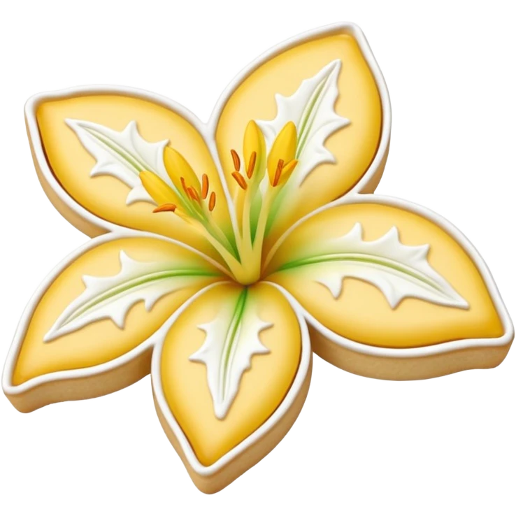 Realistic shortbread cookie in the shape of a lily flower with pastel yellow color jelly middle filling and sprinkled powder sugar on top. emoji