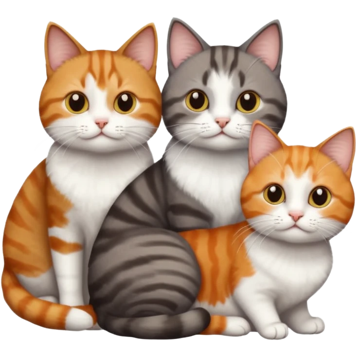 3 different coloured short haired cats including; a dark brown tabby and white cat, and a dark grey and white and a ginger and white emoji