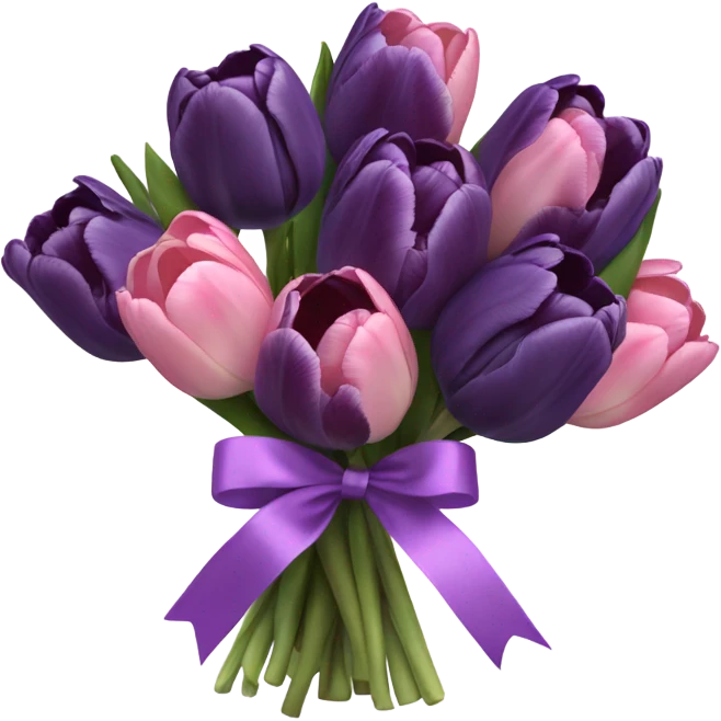 beautiful aesthetic bouquet composed of dark purple and light pink tulips tied with a silk purple ribbon emoji