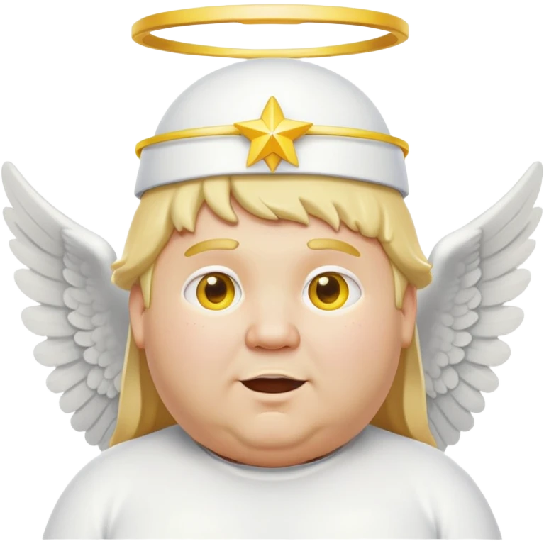 chubby man with blond hair, yellow eyes, white band outfit, tall white band hat, angel with melted halo and yellow wings, tooth cap emoji