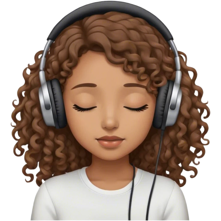 Light brown skin girl, long curly brown flat hair, eyes closed, headphones on listing to music emoji
