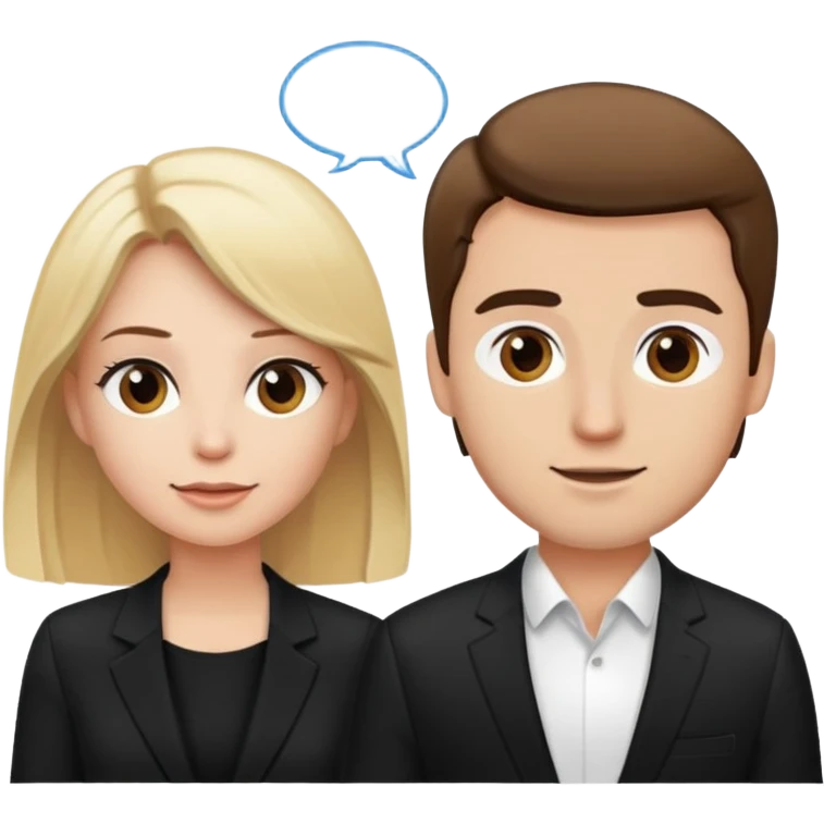blonde woman in black suit talking to brown-haired man in white t-shirt emoji