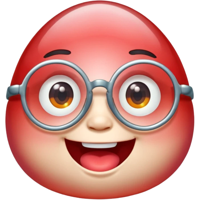A single chubby crystal gemstone character wearing cute round glasses, chunky and irregular with faceted sides (not egg-shaped), [red] gradient, big glossy eyes behind the glasses and a wide happy smile, 3D cartoon game icon style, high detail, soft lighting, centered on a plain dark background emoji