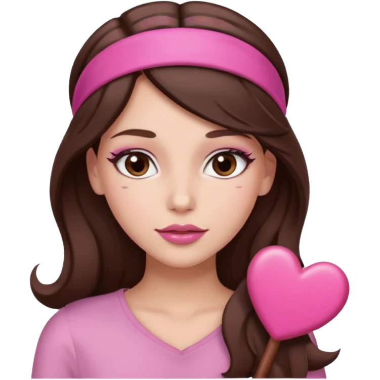 Pink and clothes emoji, inspired with brunette hair, brown eyes, long hair, heart shape lips and pink make up  and pink nails, mauve pink blush and a chocolate brown bandw emoji