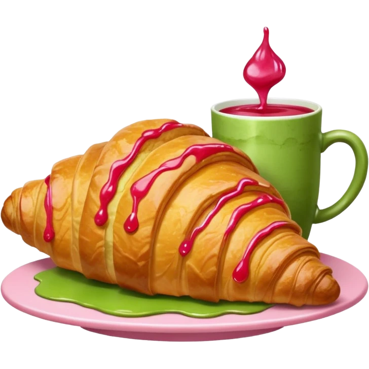 A giant croissant with a closed matcha mug with a strawberry syrup base emoji