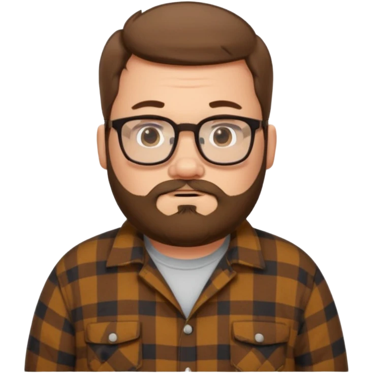 Fat white guy with glasses and short brown hair and beard wearing a cartoon flannel  emoji