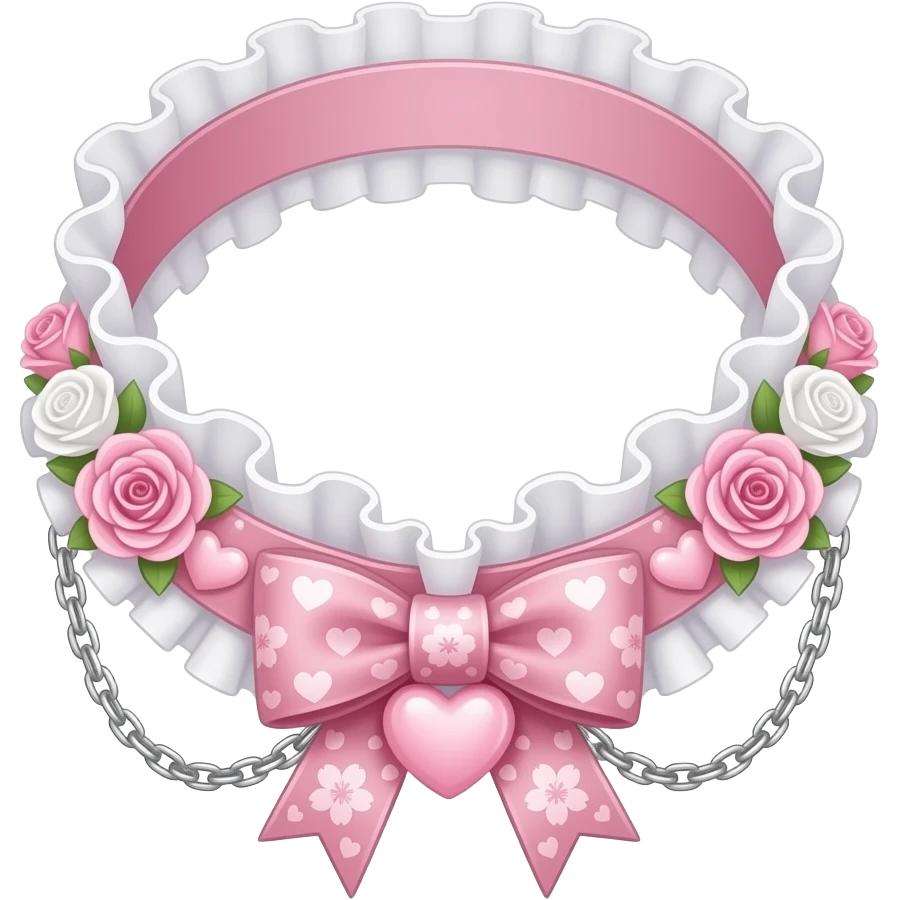 Pastel-baby-rose-pink Lolita-styled aesthetic cute kawaii choker-collar-necklace adorned with with white frills, roses, hearts, bow tie, silver chains, sakura, apparel separated emoji