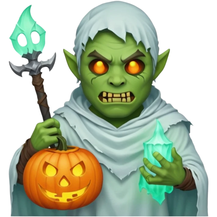 male orc warrior ghost emoji, green skin, wearing torn white ghost sheet costume, holding glowing jack-o'-lantern, faint blue aura, friendly but spooky expression, Halloween fantasy theme, Apple emoji style, clean white background, square emoji