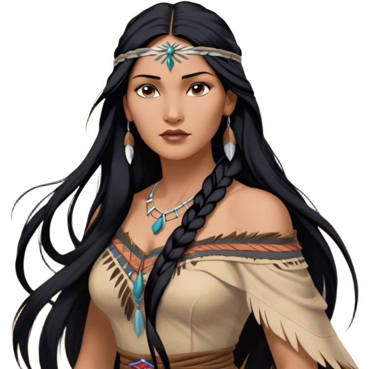 Cinematic Realistic Pocahontas Portrait, depicted with lifelike skin texture, soft natural lighting, and intricately detailed long, flowing raven-black hair that moves gracefully in the wind. Her deep, soulful dark brown eyes exude wisdom and strength, complemented by a serene yet powerful expression. She is dressed in her classic one-shoulder native american dress, with rich fabric textures and delicate beaded details that catch the light beautifully. The portrait features a soft, sun-kissed glow with a natural, radiant finish, capturing the essence of untamed beauty and deep connection to nature in a realistic and painterly style, evoking a sense of depth and authenticity. emoji