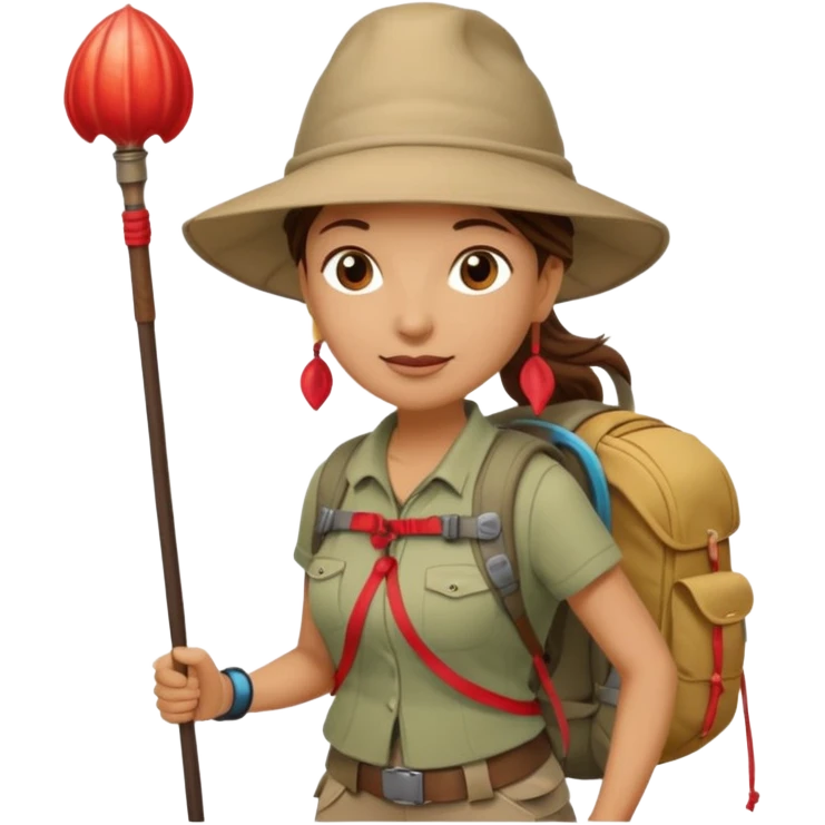 Middle aged women, long brown ponytail with wide brim hiking hat. With backpack and trekking poles. Backpack has a scallop shell with the cross of saint james hanging from it.  Remove the cross and add a scallop shell on a red string hanging from the backpack  emoji