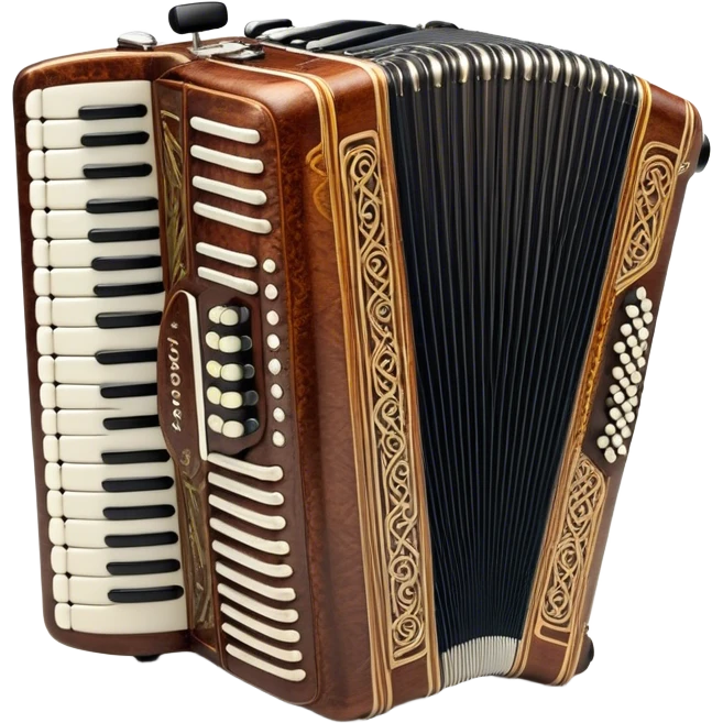 Cinematic Realistic image of a classic accordion, rendered with finely detailed textures and intricate keywork, set against a backdrop of soft, ambient lighting that highlights its vintage charm emoji