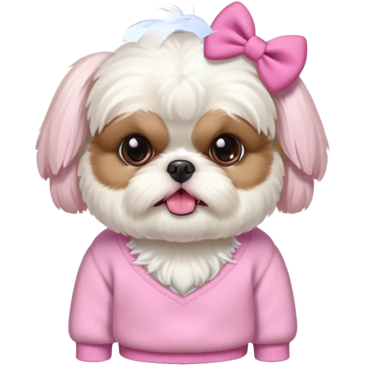 little all white shih tzu with pink bows & sweater tongue sticking out emoji