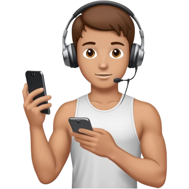 White Boy with brown hair holding phone, headphones on at gym emoji