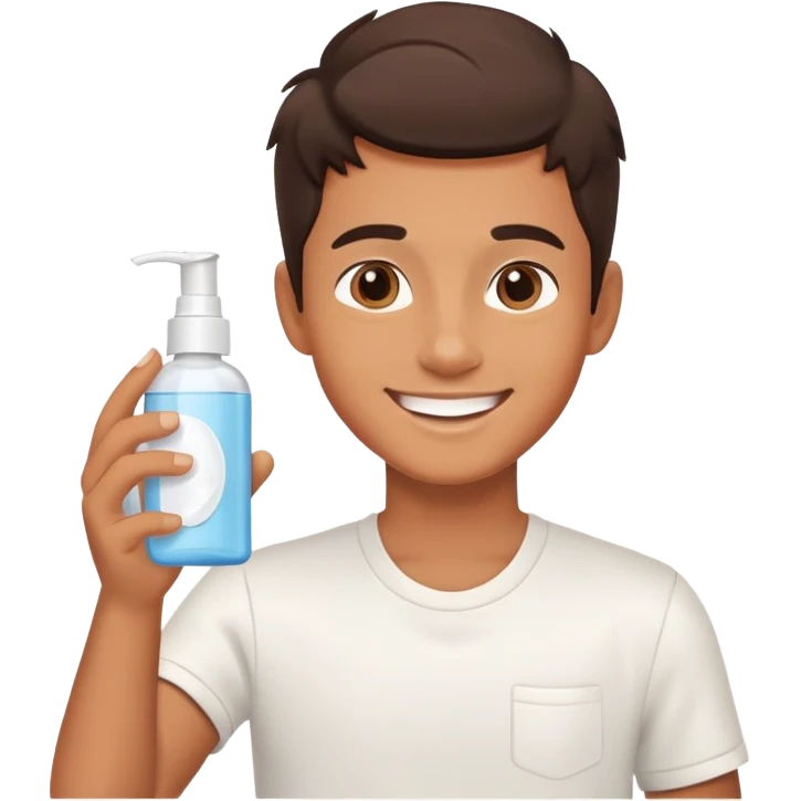 boy holding skincare bottle, smiling, morning light emoji