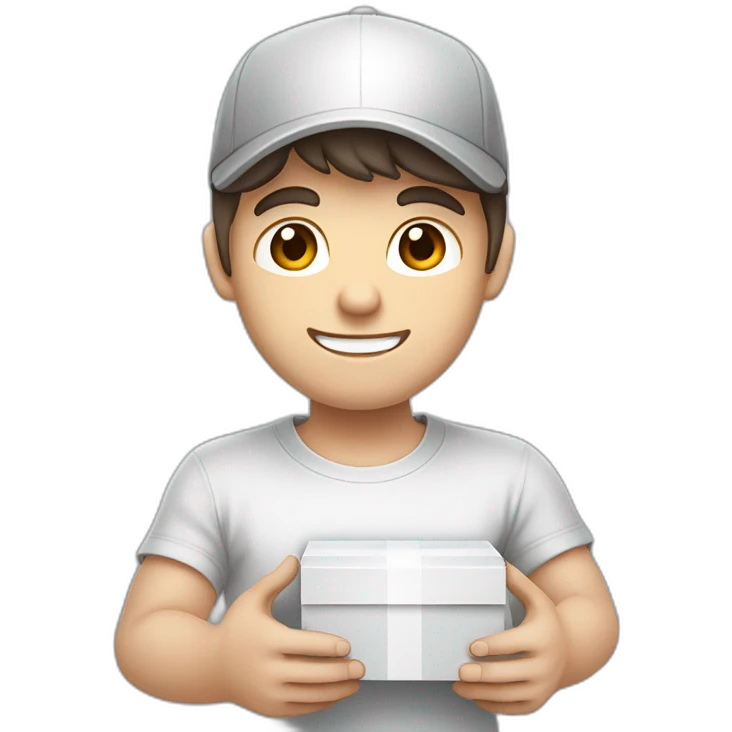 Pale skinned fit Man with dark brown hair in a white cap, gray jeans and gray polo T-shirt keeping a pasted with tape box into his hands emoji