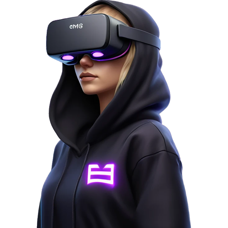 Russian girl wearing black hoody with violet letters "OMG", in vr headset oculus quest2. Standing like jedi. Cyberpunk style. Violet neon. emoji