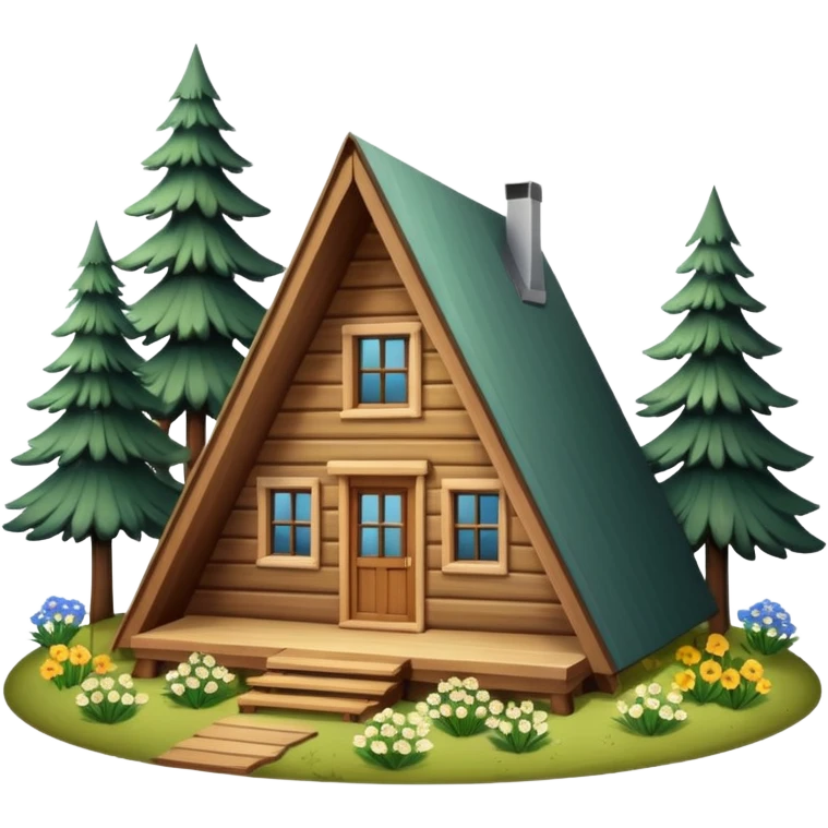 triangle small cabin in the woods, surrounded by pines, with flowers around emoji