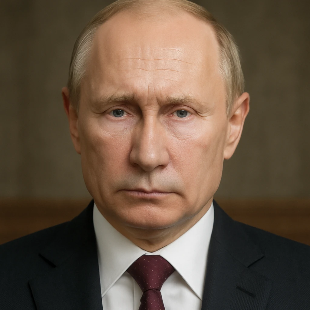 highly realistic photorealistic portrait of Vladimir Putin with a serious expression, entire head and shoulders fully visible, centered in frame emoji