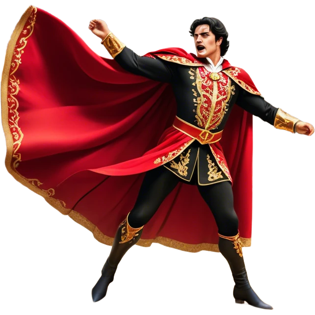 ​Cinematic Realistic Spanish Matador Holding a Red Cape, depicted in mid-action with a vibrant red cape flowing in the wind, dressed in an ornate traje de luces with shimmering details, confronting a charging bull in a dramatic arena, rendered with dynamic motion blur and vivid, high-contrast lighting, emoji
