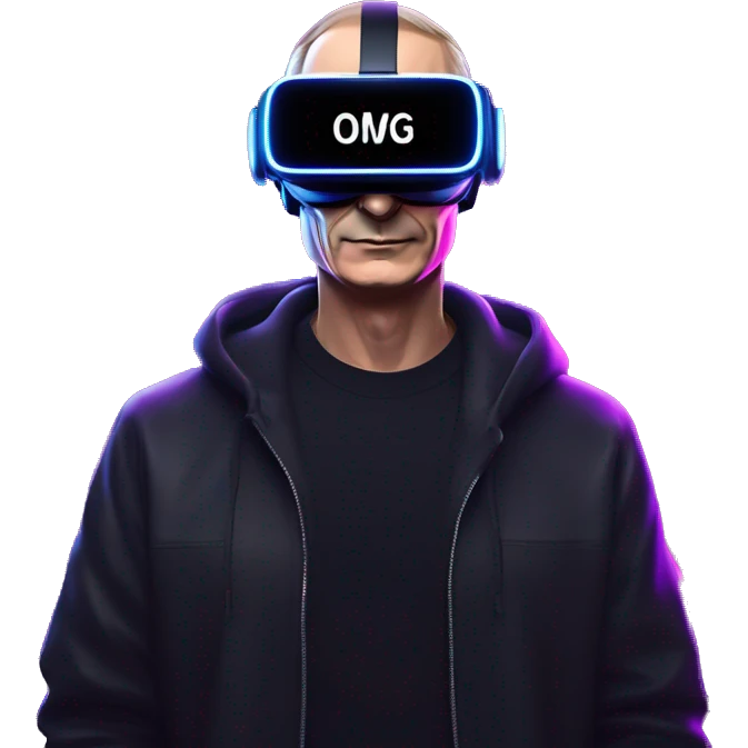Vladimir Putin wearing a black hoodie with "OMG" letters on it and VR headset oculus quest 2 in a cyberpunk VR environment with violet neon lighting. emoji