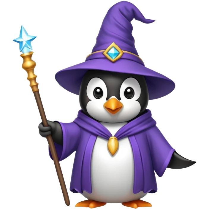 penguin wearing wizard hat and robe holding a magic wand emoji