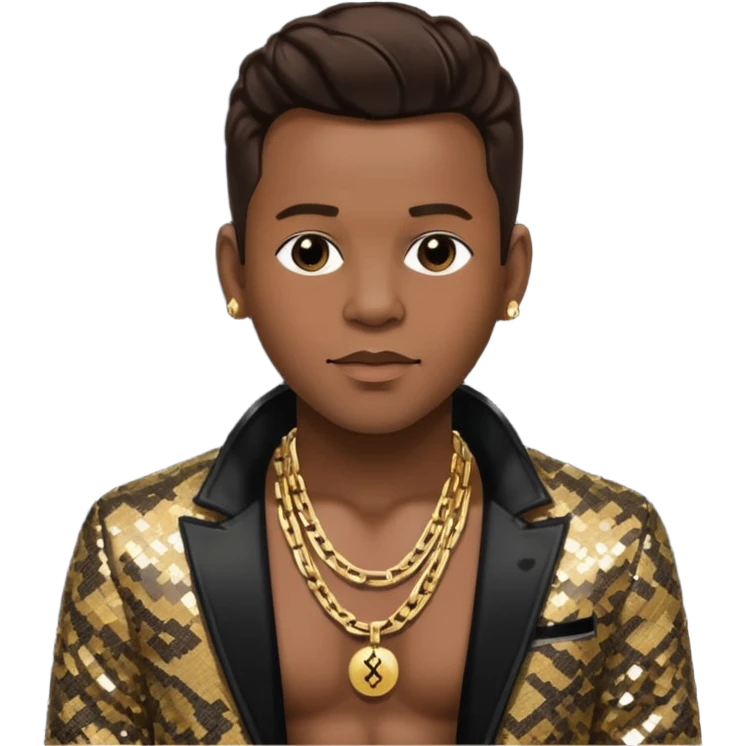 Bobby Brown with dark brown hair, black sequin jacket, shirtless with necklace emoji