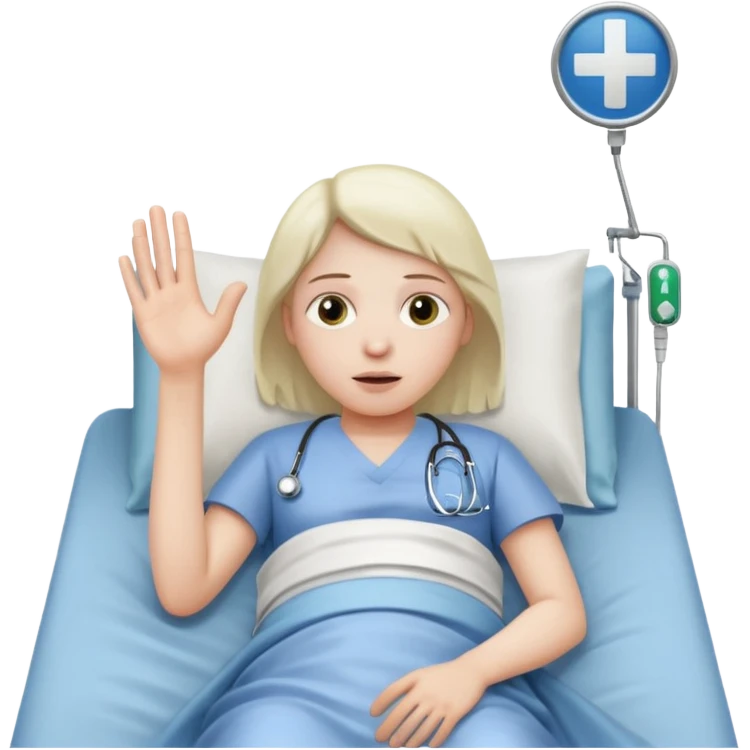 person lying in hospital bed with their eyes open holding up their left hand emoji