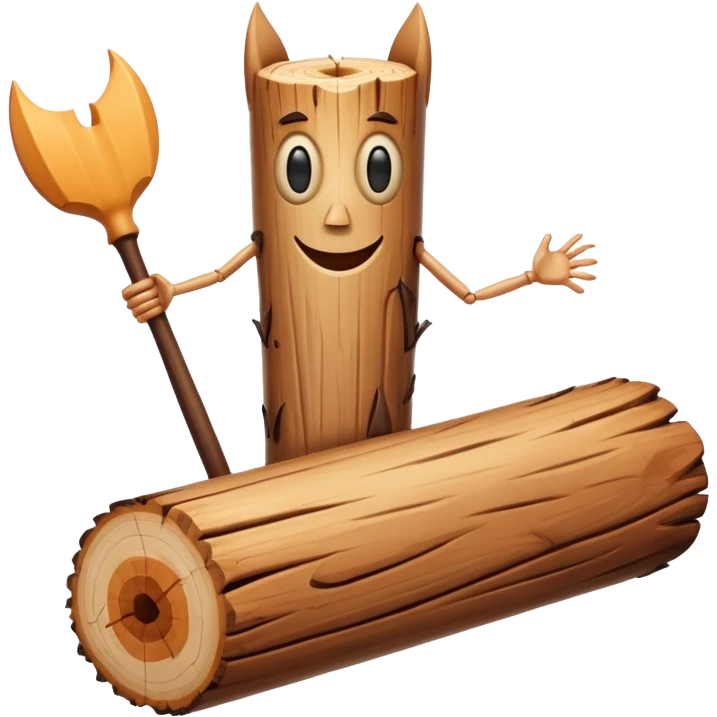 The character is an anthropomorphic wooden log with a cartoonish face, human arms and legs, and a long wooden bat, giving it a surreal, humorous appearance. emoji