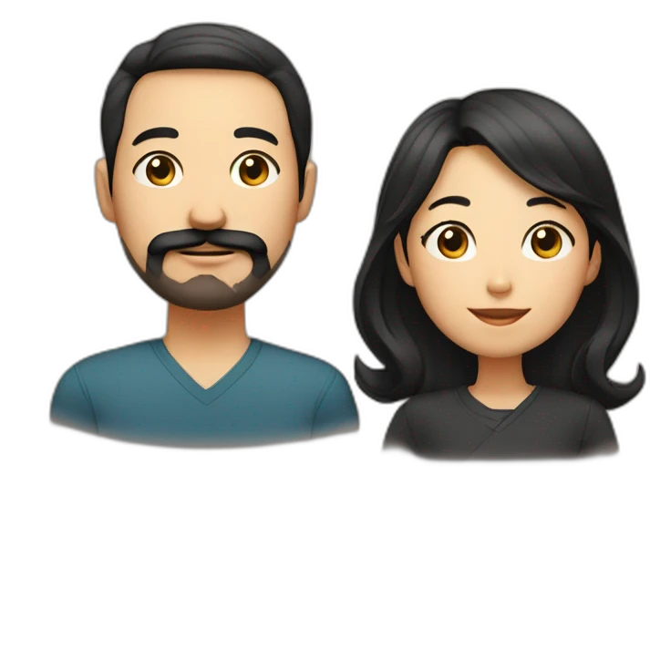 father dark brown hair and mustache and trimmed beard, mother asian with black shoulder length hair emoji