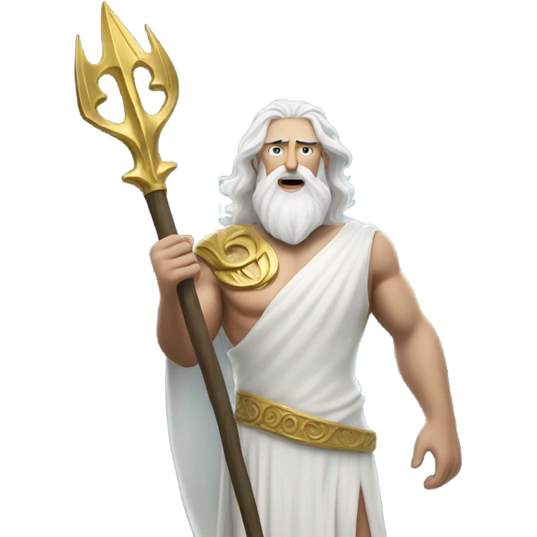 white man Poseidon with gold Trident. long white hair white dress. soot on face emoji