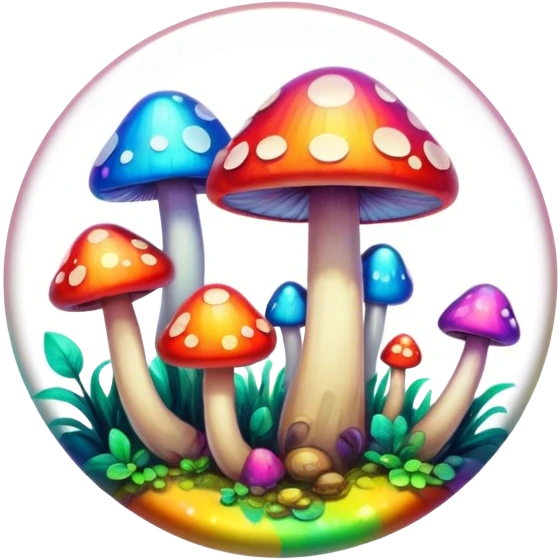 A round psychedelic colored button with bezeled edges and rainbow colored mushrooms emoji